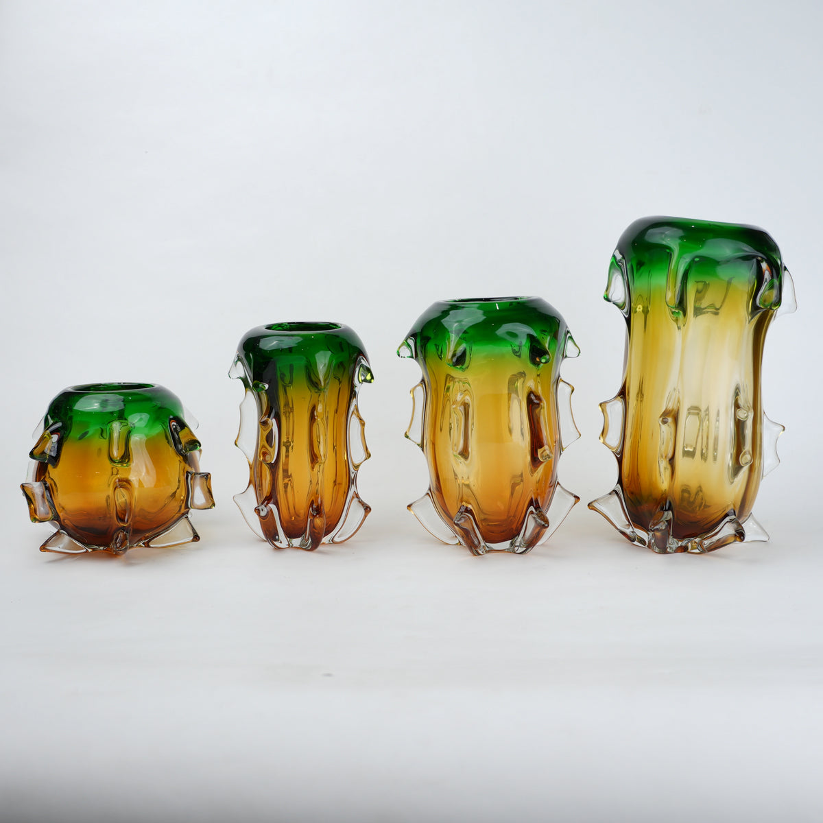 Green and amber gradient glass vase set with textured sculpted edges