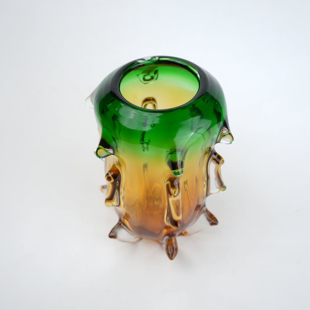 Green and amber gradient glass vase set with textured sculpted edges