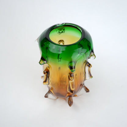 Green and amber gradient glass vase set with textured sculpted edges