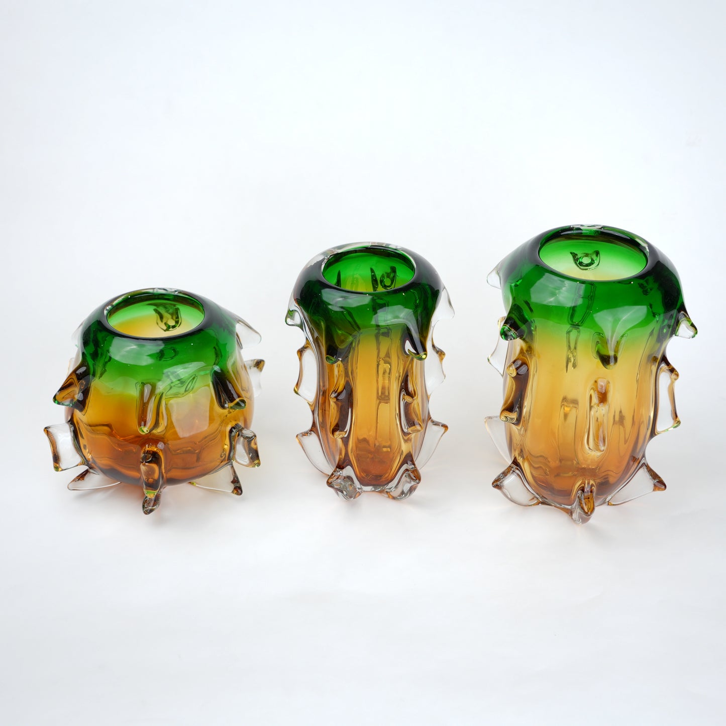 Green and amber gradient glass vase set with textured sculpted edges