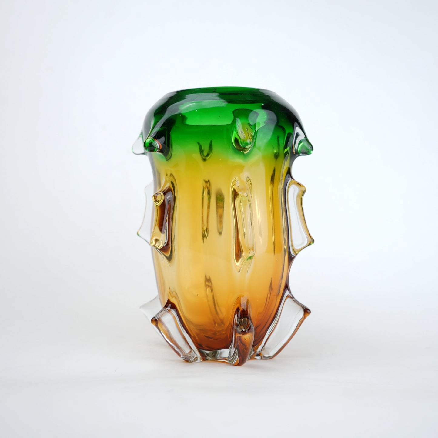 Green and amber gradient glass vase set with textured sculpted edges