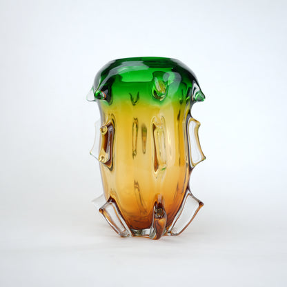 Green and amber gradient glass vase set with textured sculpted edges