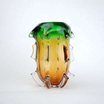 Green and amber gradient glass vase set with textured sculpted edges
