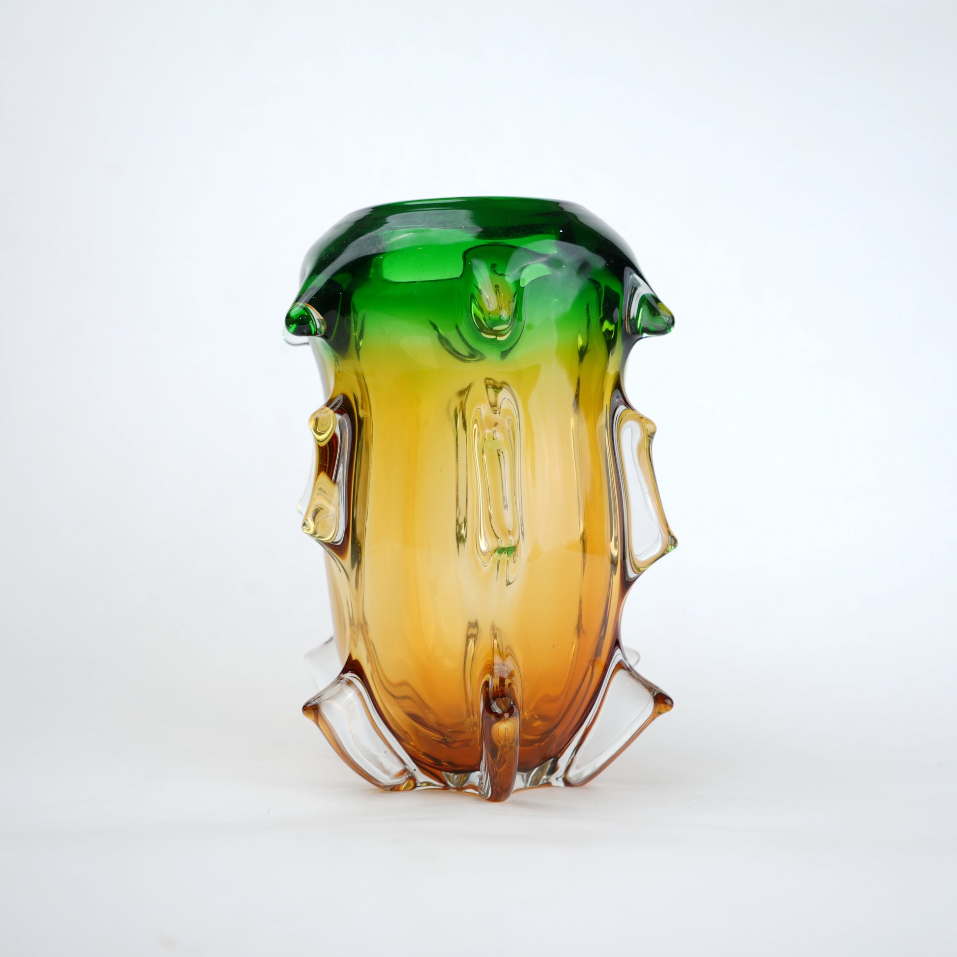 Green and amber gradient glass vase set with textured sculpted edges