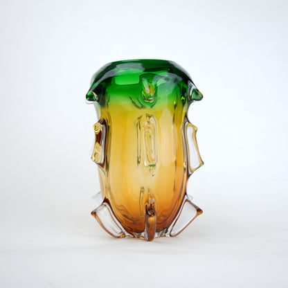 Green and amber gradient glass vase set with textured sculpted edges