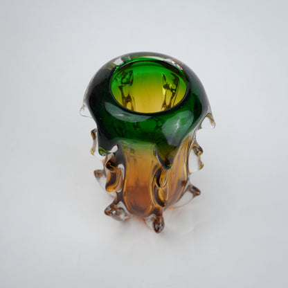 Green and amber gradient glass vase set with textured sculpted edges