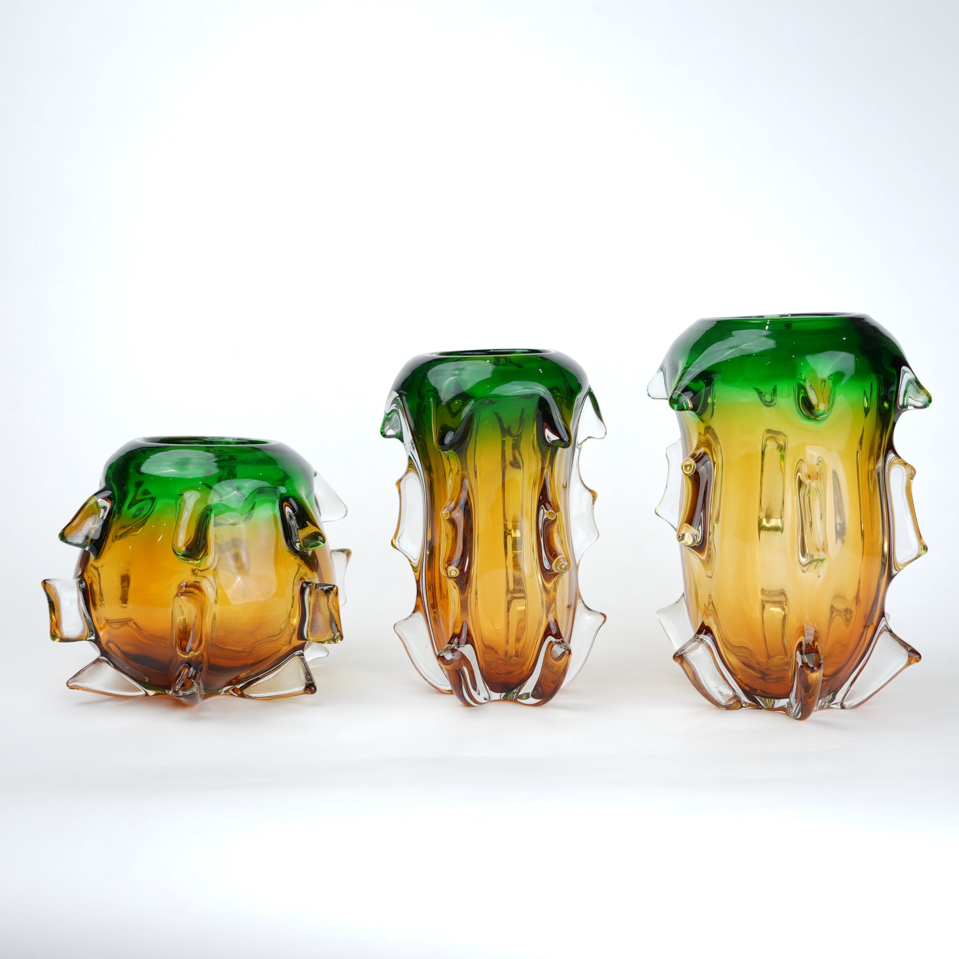 Green and amber gradient glass vase set with textured sculpted edges