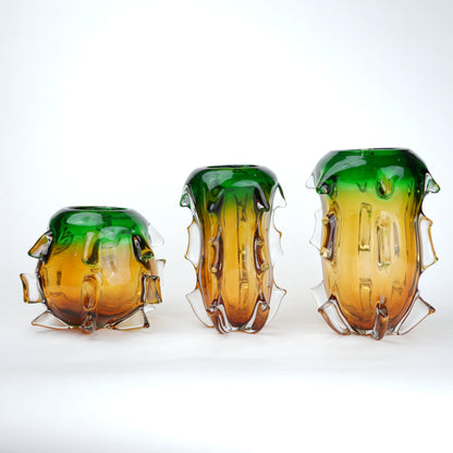 Green and amber gradient glass vase set with textured sculpted edges