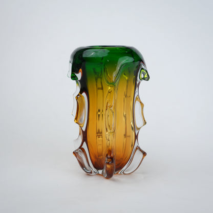Green and amber gradient glass vase set with textured sculpted edges
