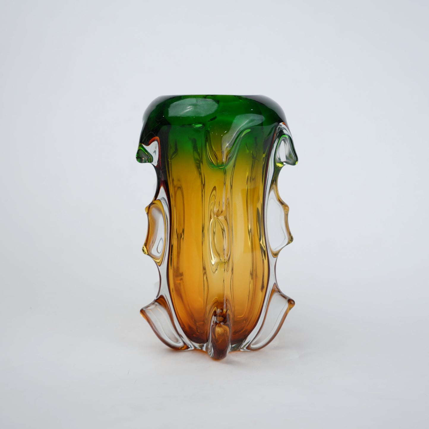 Green and amber gradient glass vase set with textured sculpted edges