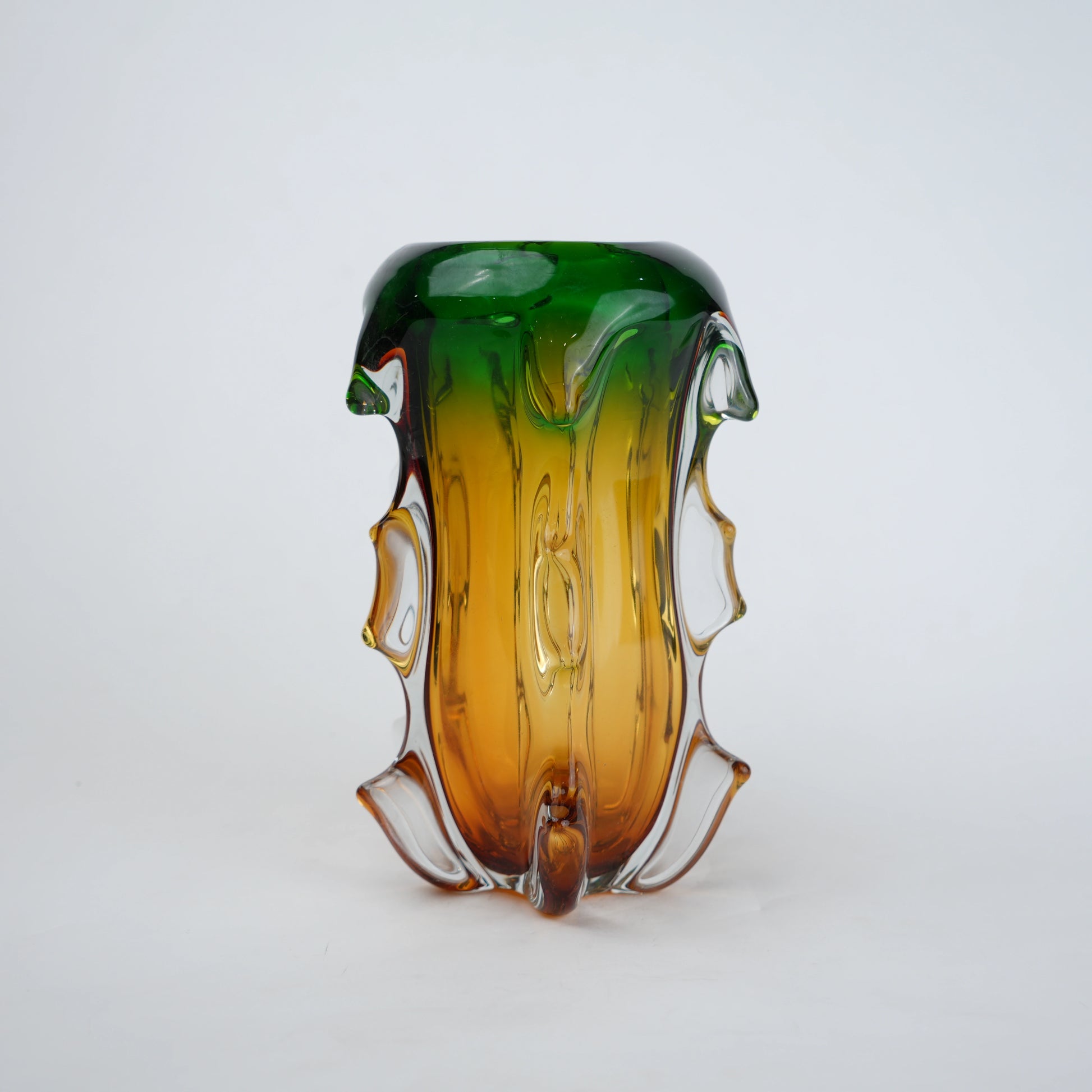 Green and amber gradient glass vase set with textured sculpted edges