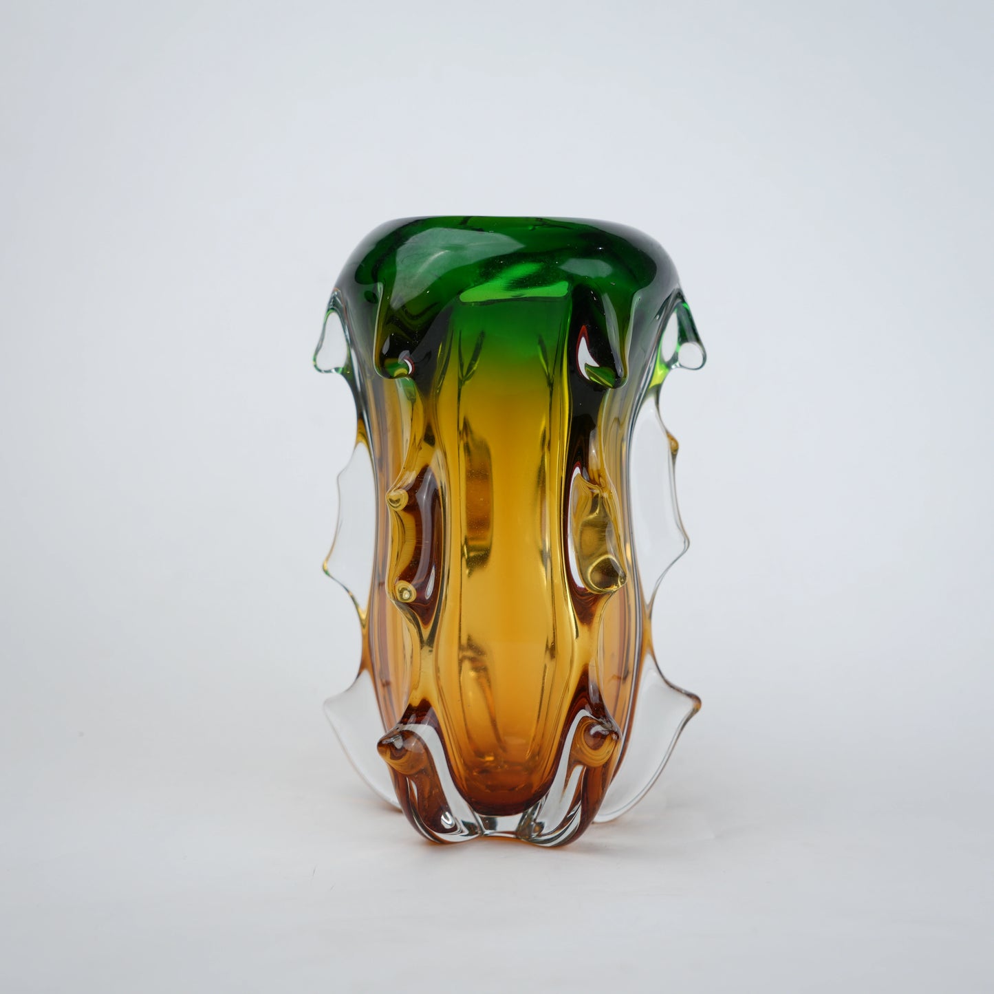 Green and amber gradient glass vase set with textured sculpted edges