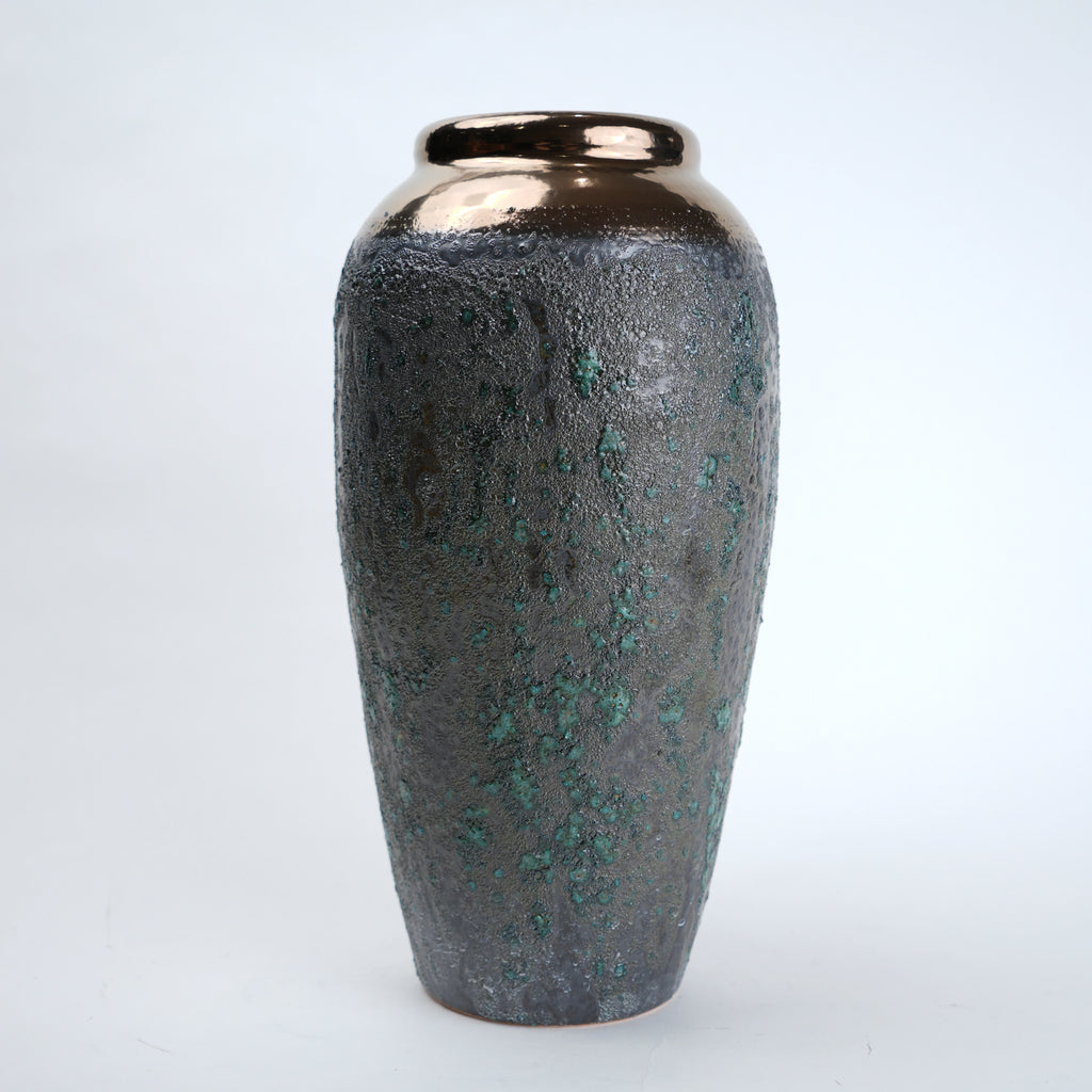 green charcoal ceramic vase with patina texture and bronze neck