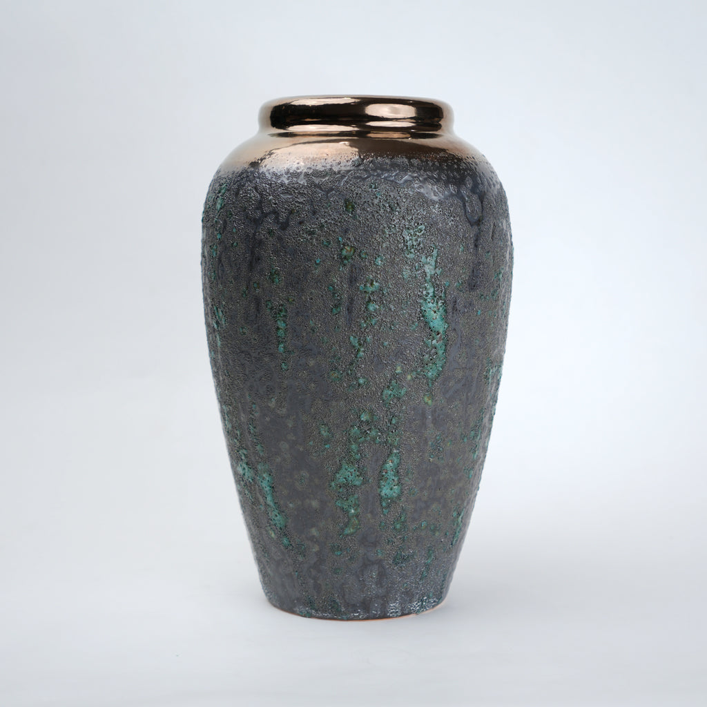 green charcoal ceramic vase with patina texture and bronze neck
