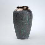 green charcoal ceramic vase with patina texture and bronze neck