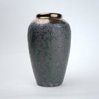 green charcoal ceramic vase with patina texture and bronze neck