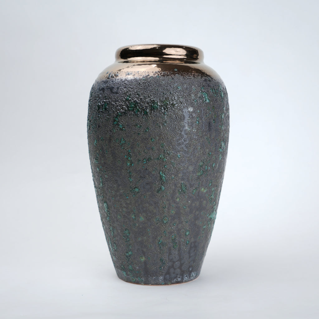 green charcoal ceramic vase with patina texture and bronze neck