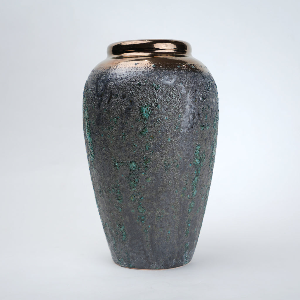 green charcoal ceramic vase with patina texture and bronze neck