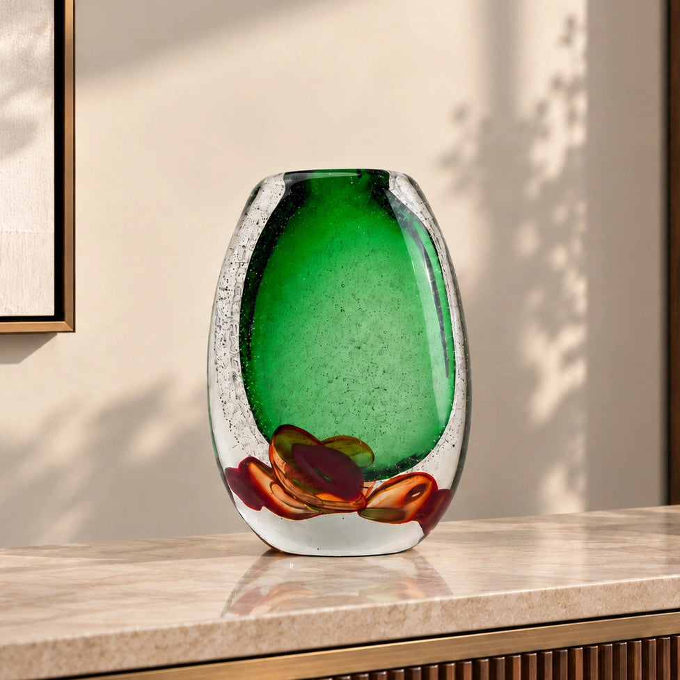 Green clear glass vase with decorative bubble base