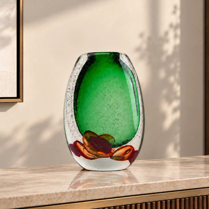 Green clear glass vase with decorative bubble base