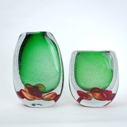 Green clear glass vase with decorative bubble base