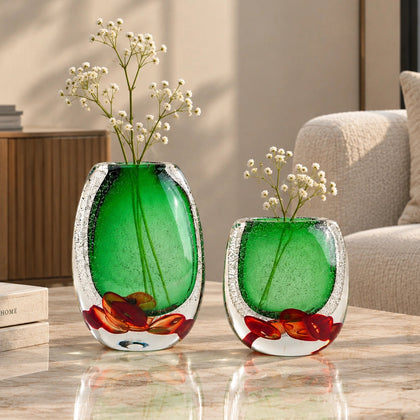 Green clear glass vase with decorative bubble base