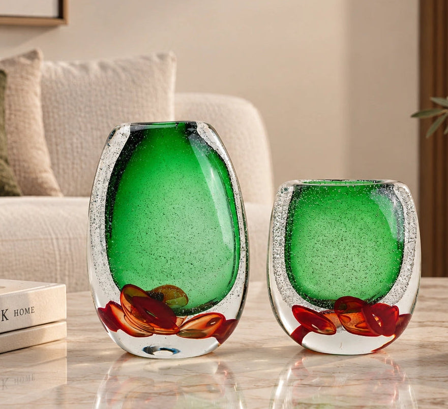 Green clear glass vase with decorative bubble base