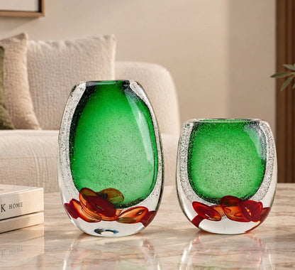 Green clear glass vase with decorative bubble base