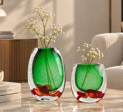 Green clear glass vase with decorative bubble base