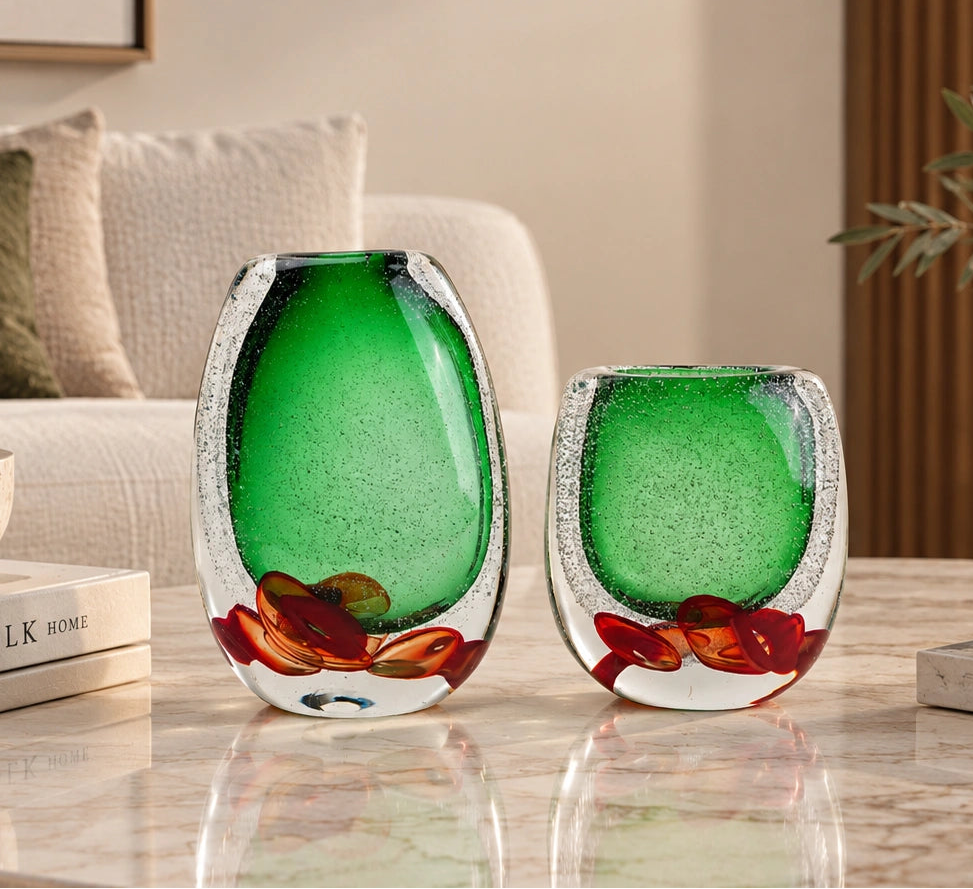 Green clear glass vase with decorative bubble base