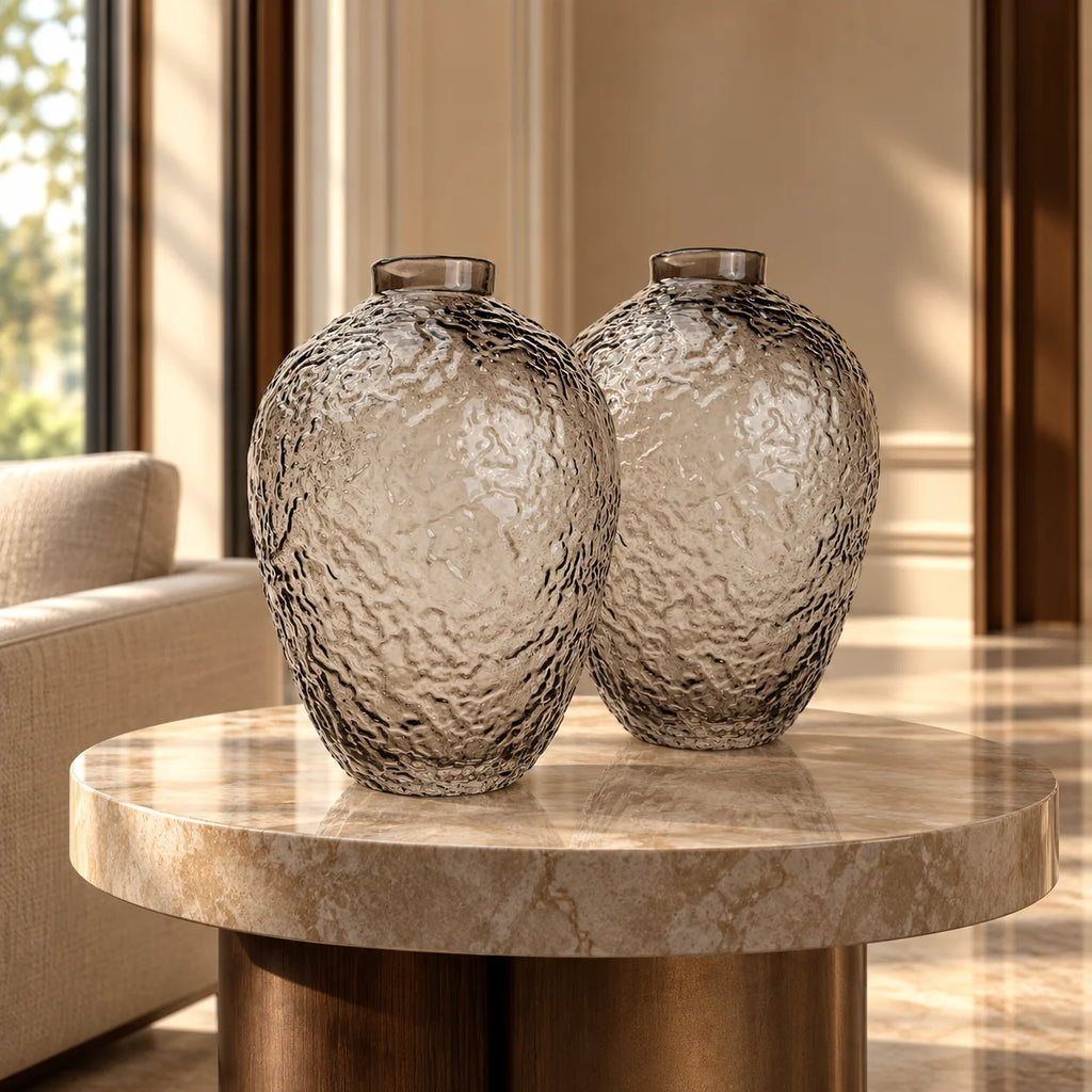 Hammered glass vase in warm grey finish available in three sizes for modern home decor styling