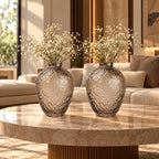Hammered glass vase in warm grey finish available in three sizes for modern home decor styling