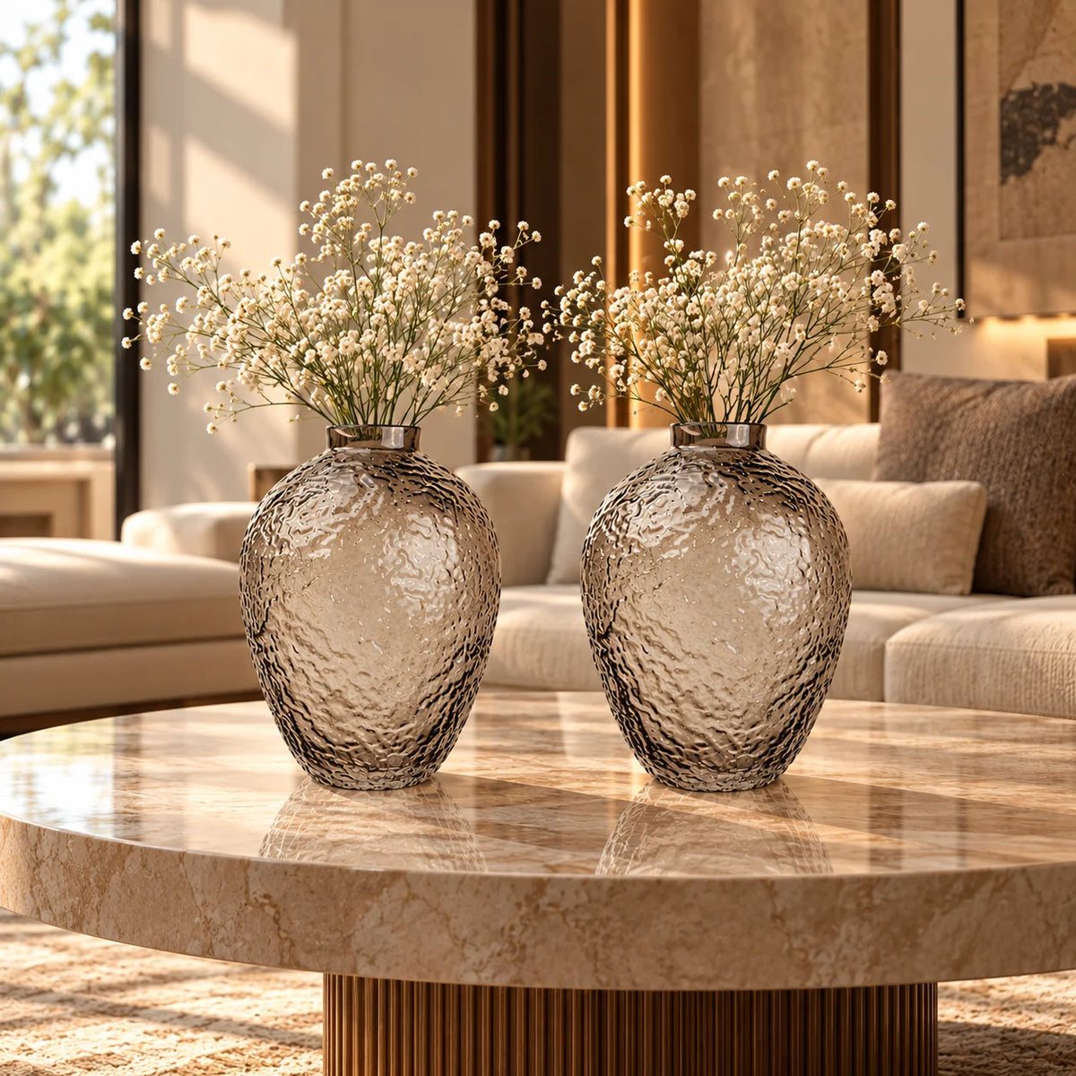 Hammered glass vase in warm grey finish available in three sizes for modern home decor styling