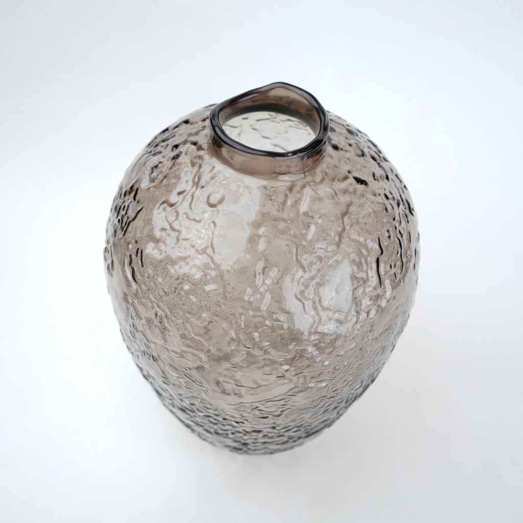 Hammered glass vase in warm grey finish available in three sizes for modern home decor styling