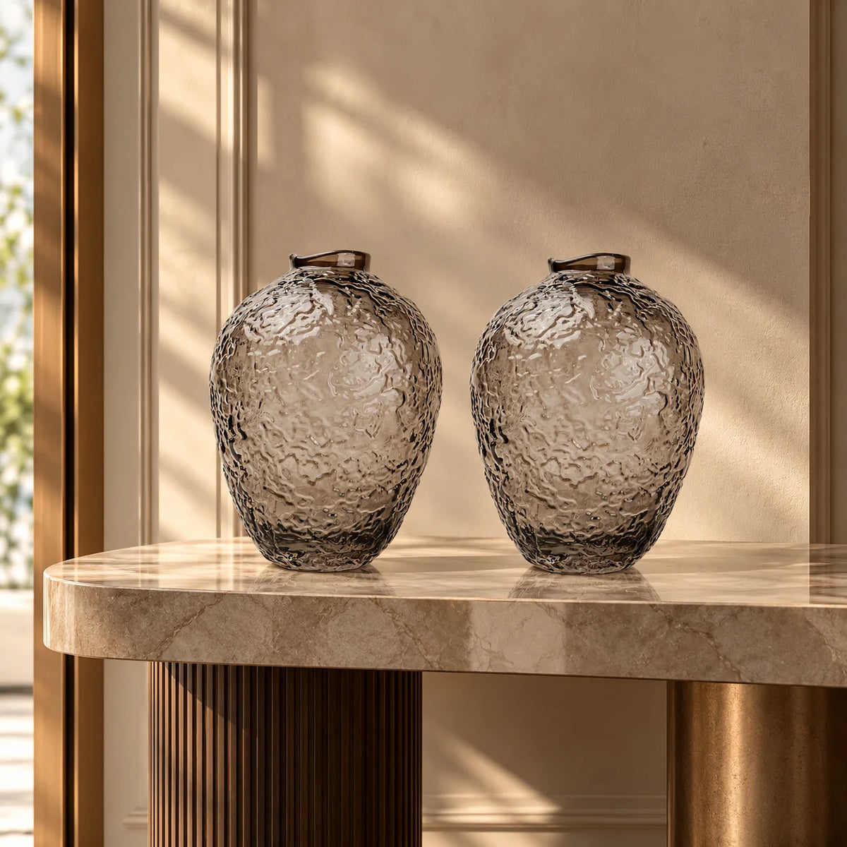 Hammered glass vase in warm grey finish available in three sizes for modern home decor styling