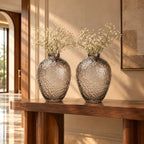 Hammered glass vase in warm grey finish available in three sizes for modern home decor styling