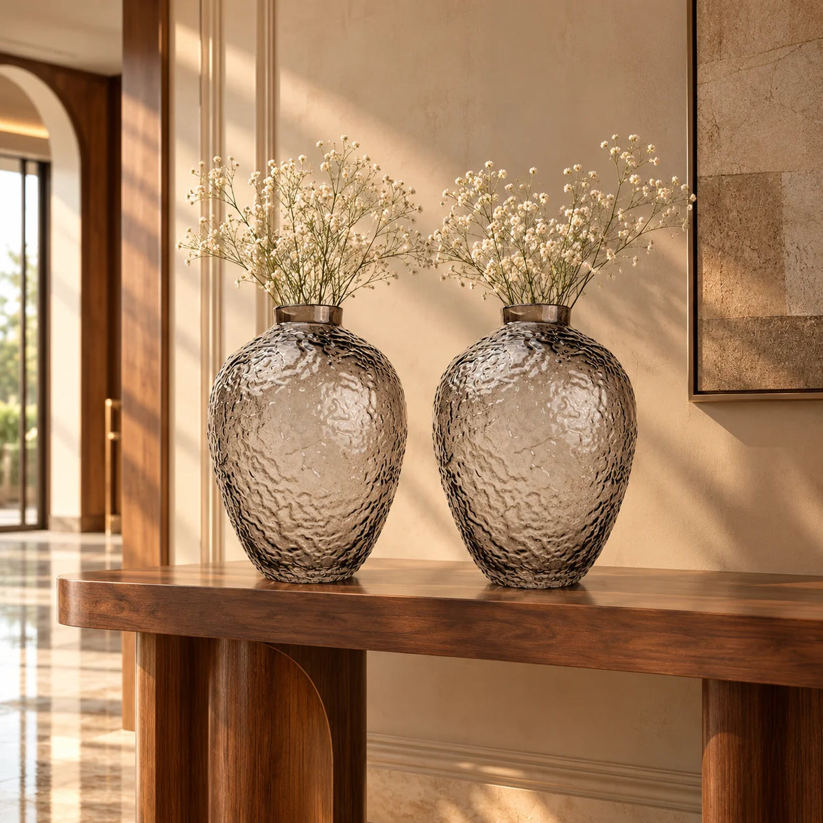Hammered glass vase in warm grey finish available in three sizes for modern home decor styling