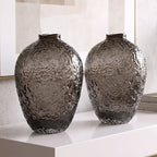 Hammered glass vase in warm grey finish available in three sizes for modern home decor styling