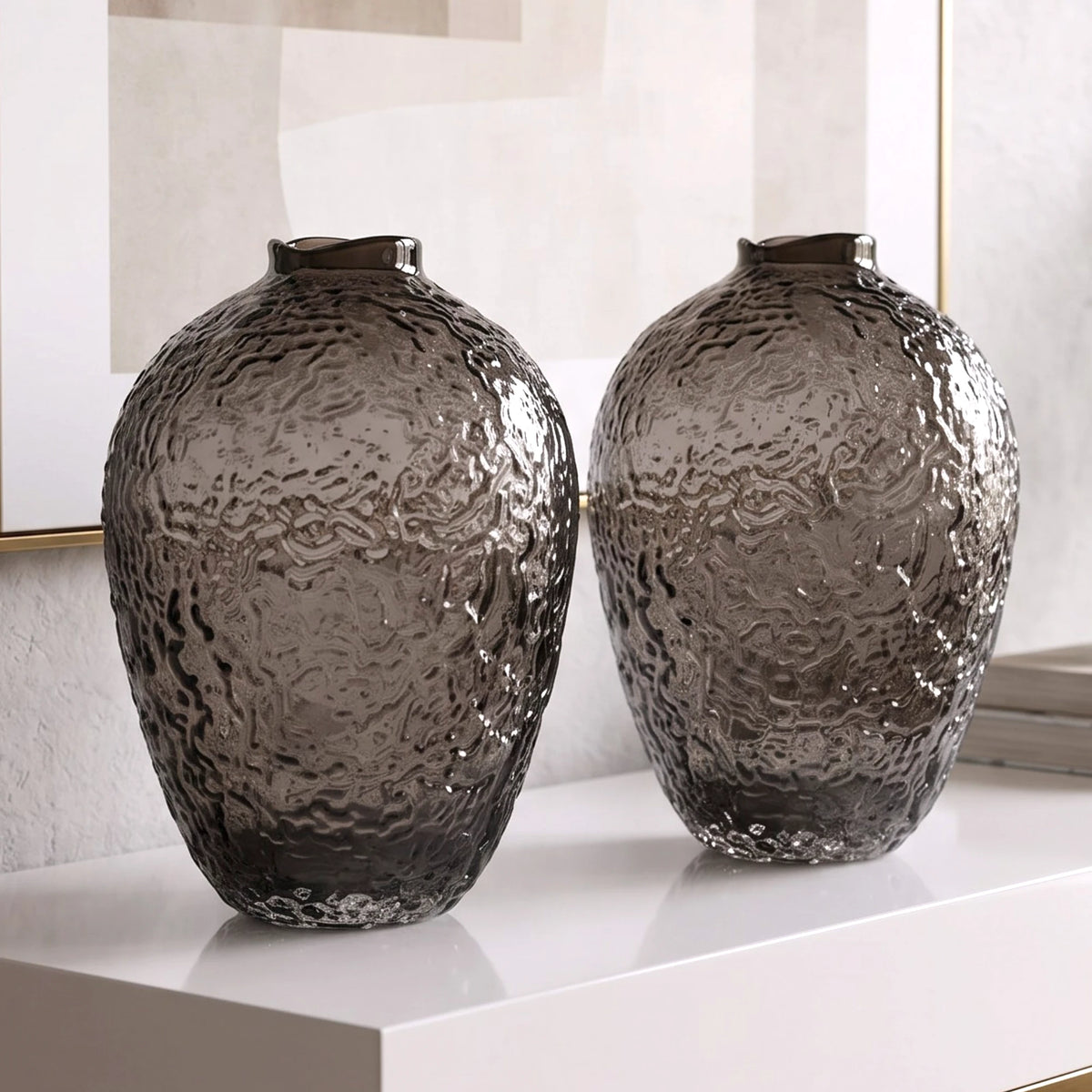 Hammered glass vase in warm grey finish available in three sizes for modern home decor styling