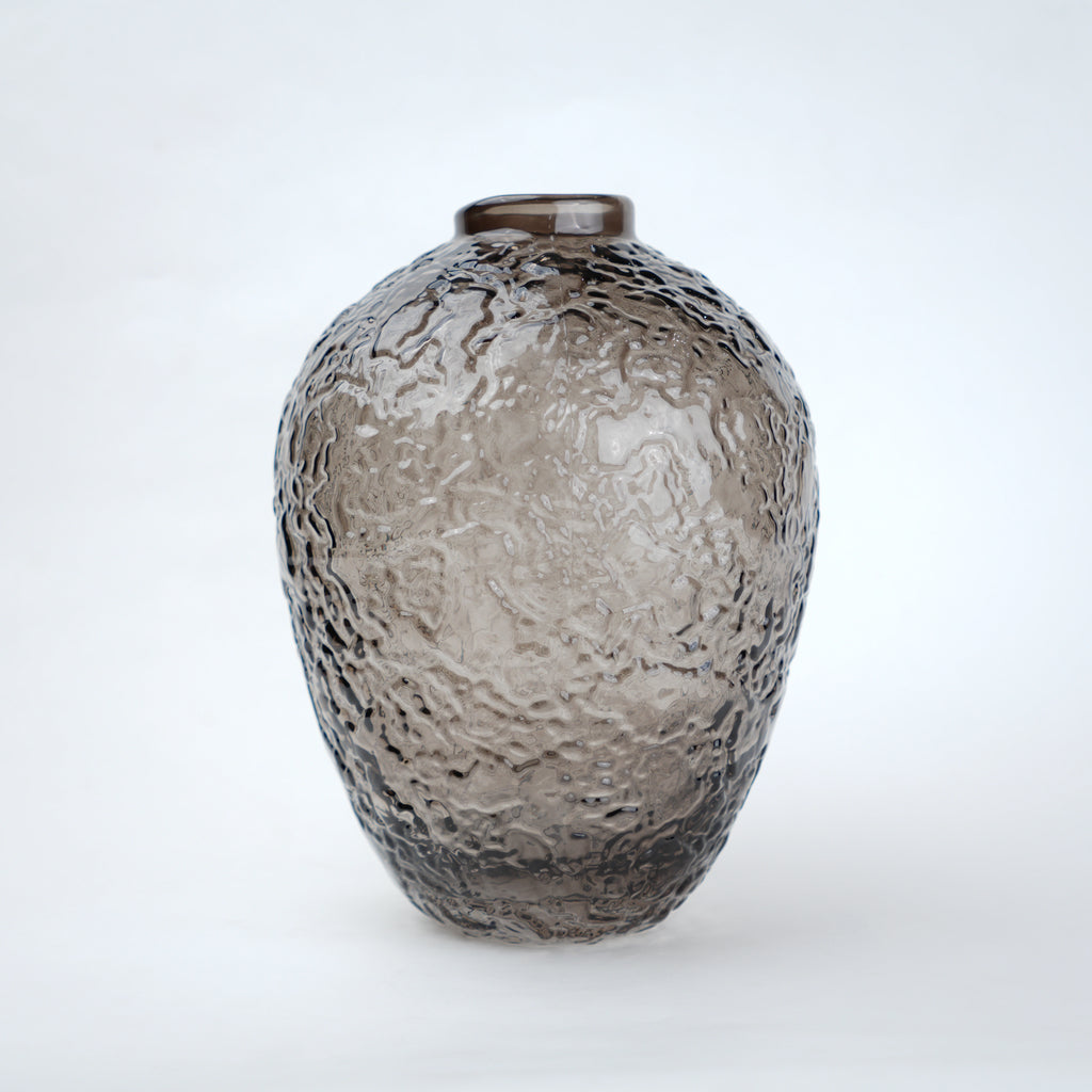 Hammered glass vase in warm grey finish available in three sizes for modern home decor styling