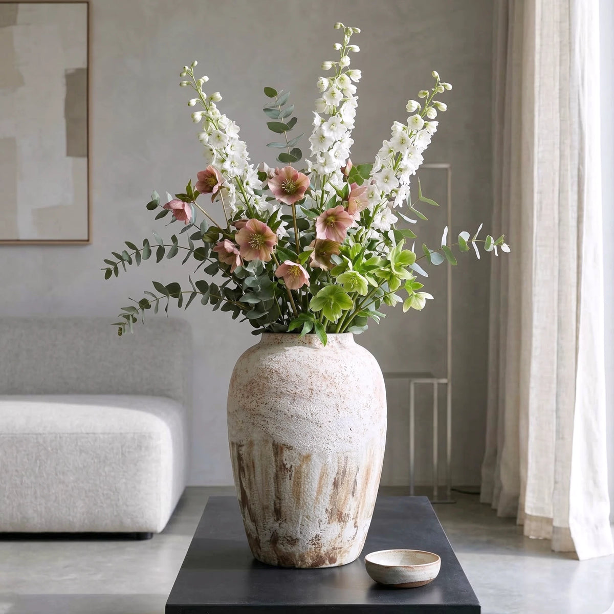 Textured ceramic decorative vases with hand-painted mountain landscape artwork in three sculptural shapes