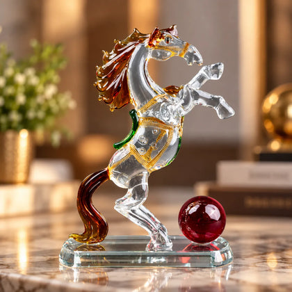 A clear glass or acrylic horse figurine in a rearing pose, decorated with gold, amber-brown, green, and red accents, standing on a clear base next to a red glass orb .