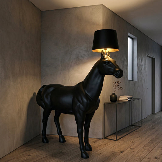 Black horse-shaped lamp in a room with a neutral color scheme.