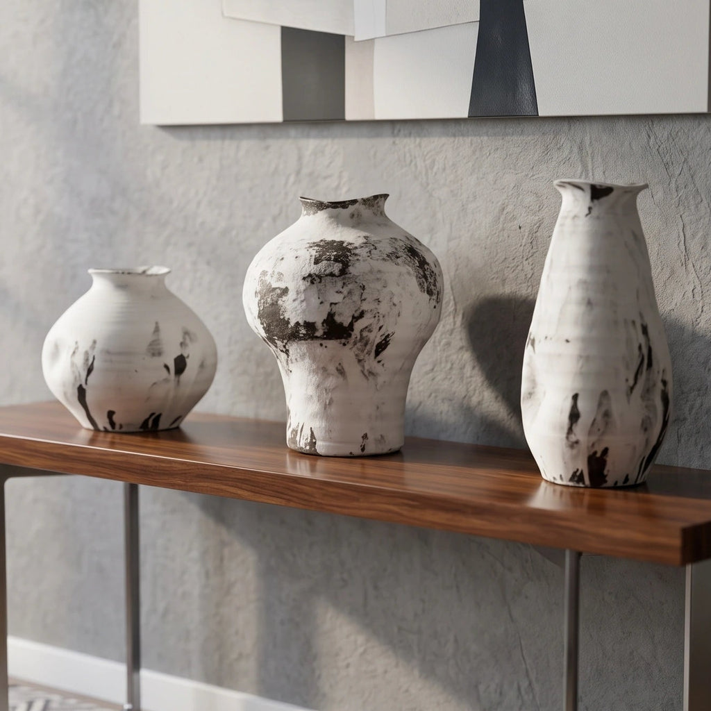 A modern console table with a dark wood top and metal legs, styled in a living room setting with three white and black textured ceramic vases on top and a stack of books underneath.