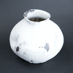 White ceramic vase with black speckles on a dark gray background