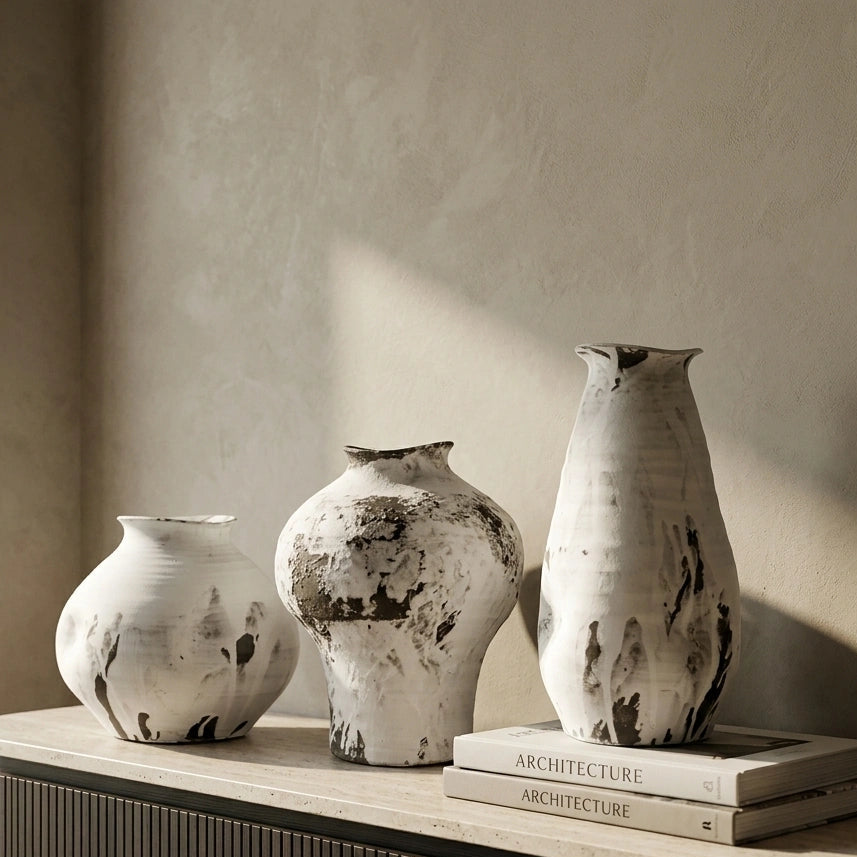 Three textured ceramic vases in off-white and gray with dark charcoal splatters, displayed on a light stone sideboard next to a window.