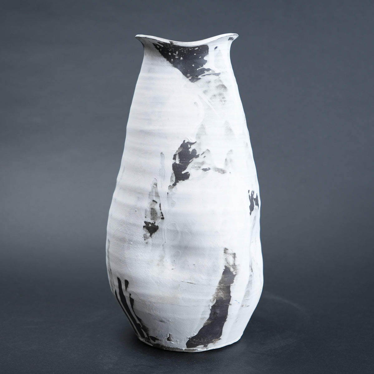 Tall slim ivory ash bottle vase, ink splash