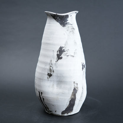 Tall slim ivory ash bottle vase, ink splash
