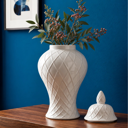 Ivory lattice jar front view, pinecone lid