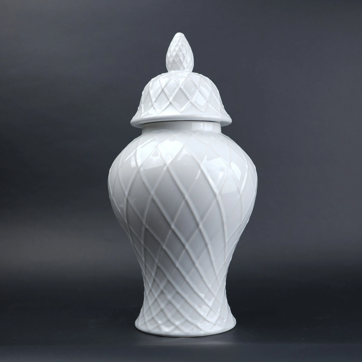 Ivory lattice jar front view, pinecone lid